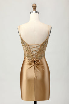 Sparkly Golden Tight Corset Short Homecoming Dress with Lace