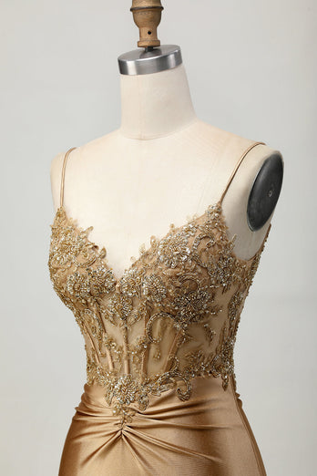 Sparkly Golden Tight Corset Short Homecoming Dress with Lace