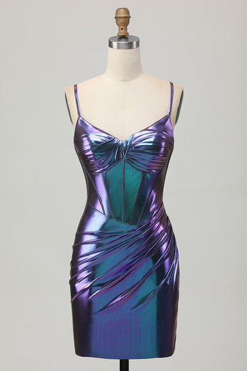 Blue Purple Metallic Tight Glitter Short Corset Homecoming Dress