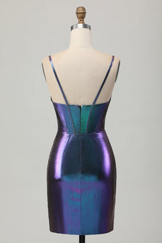 Blue Purple Metallic Tight Glitter Short Corset Homecoming Dress