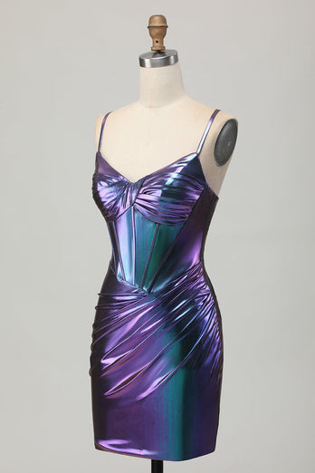 Blue Purple Metallic Tight Glitter Short Corset Homecoming Dress