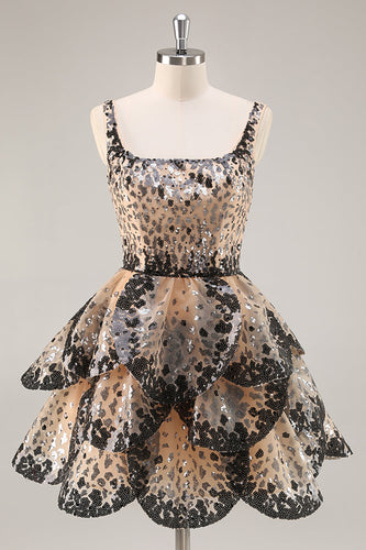 Sparkly Black and Apricot Sequins A Line Short Homecoming Dress
