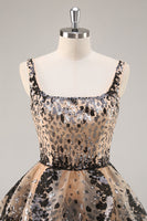 Load image into Gallery viewer, Sparkly Black and Apricot Sequins A Line Short Homecoming Dress