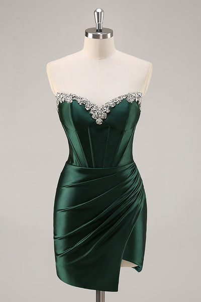Sparkly Dark Green Bodycon Strapless Short Corset Homecoming Dress