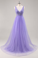 Load image into Gallery viewer, Sparkly Purple V-Neck A Line Long Prom Dress with Beading