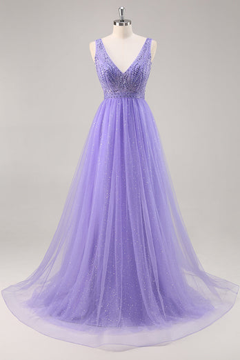 Sparkly Purple V-Neck A Line Long Prom Dress with Beading