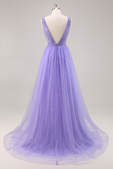 Sparkly Purple V-Neck A Line Long Prom Dress with Beading