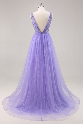Sparkly Purple V-Neck A Line Long Prom Dress with Beading