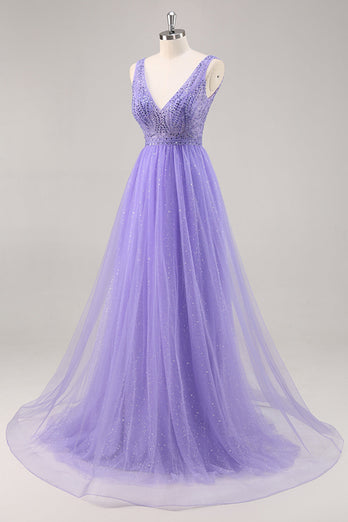 Sparkly Purple V-Neck A Line Long Prom Dress with Beading