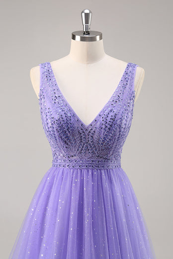 Sparkly Purple V-Neck A Line Long Prom Dress with Beading