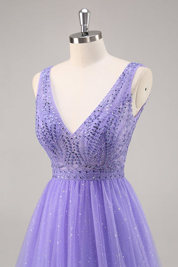 Sparkly Purple V-Neck A Line Long Prom Dress with Beading
