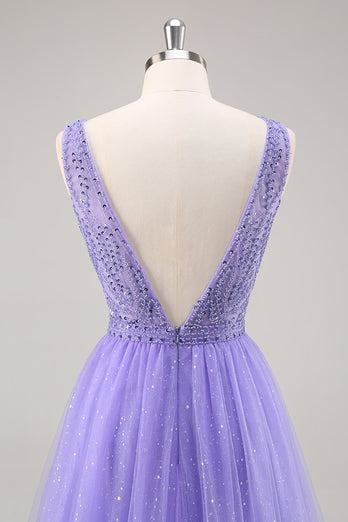 Sparkly Purple V-Neck A Line Long Prom Dress with Beading