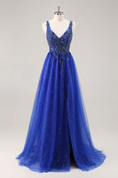 Load image into Gallery viewer, Sparkly Royal Blue Tulle Corset V-Neck Long Beaded Prom Dress with Slit