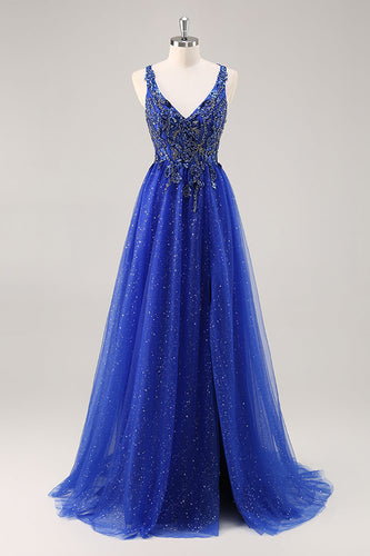 Sparkly Royal Blue Tulle Corset V-Neck Long Beaded Prom Dress with Slit