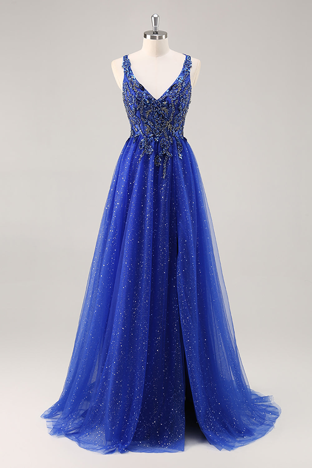 Sparkly Royal Blue Tulle Corset V-Neck Long Beaded Prom Dress with Slit