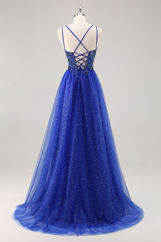Sparkly Royal Blue Tulle Corset V-Neck Long Beaded Prom Dress with Slit