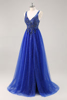 Load image into Gallery viewer, Sparkly Royal Blue Tulle Corset V-Neck Long Beaded Prom Dress with Slit