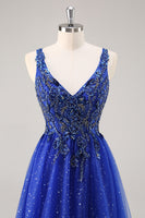 Load image into Gallery viewer, Sparkly Royal Blue Tulle Corset V-Neck Long Beaded Prom Dress with Slit