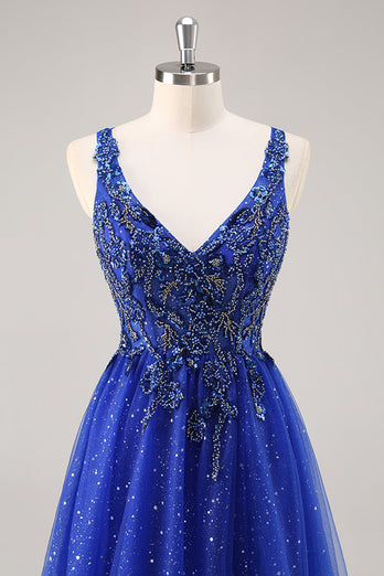 Sparkly Royal Blue Tulle Corset V-Neck Long Beaded Prom Dress with Slit