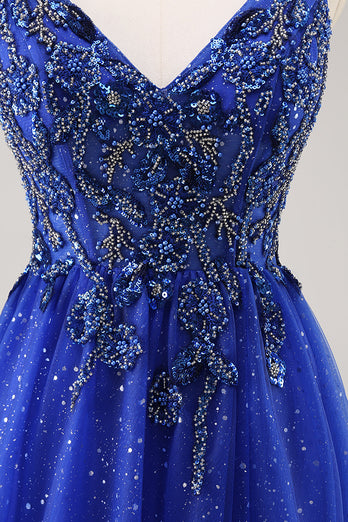 Sparkly Royal Blue Tulle Corset V-Neck Long Beaded Prom Dress with Slit