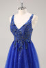 Load image into Gallery viewer, Sparkly Royal Blue Tulle Corset V-Neck Long Beaded Prom Dress with Slit