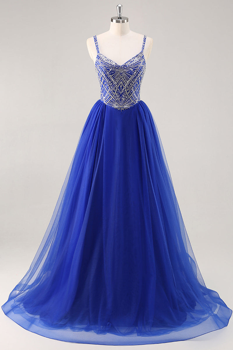 Load image into Gallery viewer, Sparkly Royal Blue Spaghetti Straps Long Prom Dress with Beading