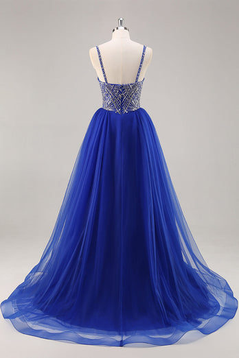 Sparkly Royal Blue Spaghetti Straps Long Prom Dress with Beading