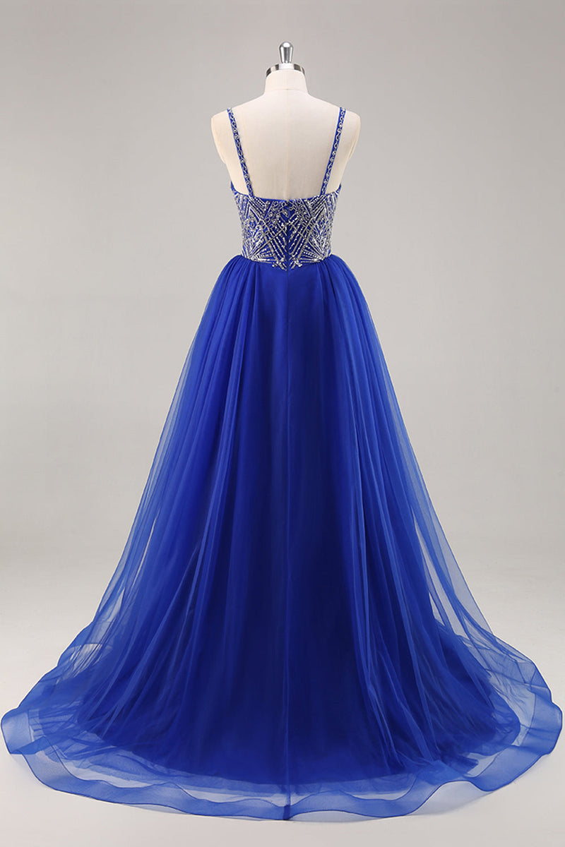 Load image into Gallery viewer, Sparkly Royal Blue Spaghetti Straps Long Prom Dress with Beading