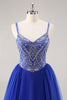Load image into Gallery viewer, Sparkly Royal Blue Spaghetti Straps Long Prom Dress with Beading