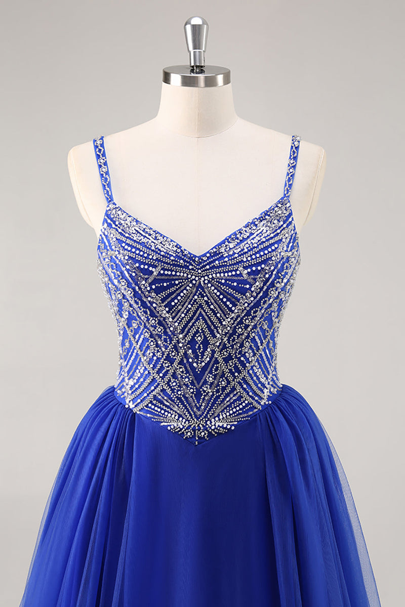 Load image into Gallery viewer, Sparkly Royal Blue Spaghetti Straps Long Prom Dress with Beading