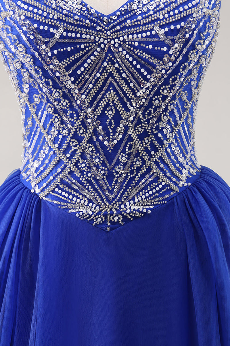 Load image into Gallery viewer, Sparkly Royal Blue Spaghetti Straps Long Prom Dress with Beading