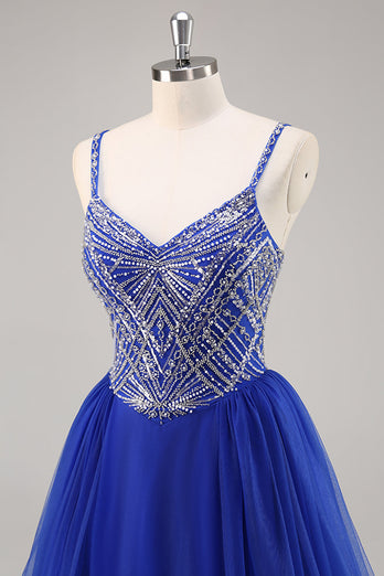 Sparkly Royal Blue Spaghetti Straps Long Prom Dress with Beading