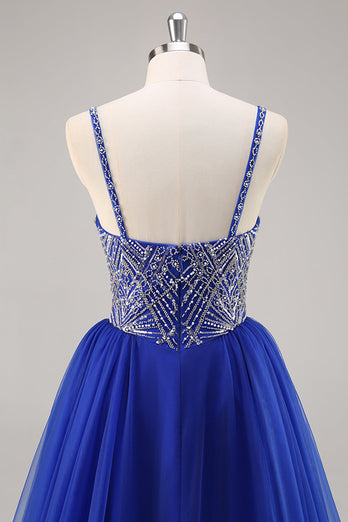 Sparkly Royal Blue Spaghetti Straps Long Prom Dress with Beading