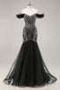 Load image into Gallery viewer, Sparkly Black Off the Shoulder Mermaid Long Beaded Prom Dress
