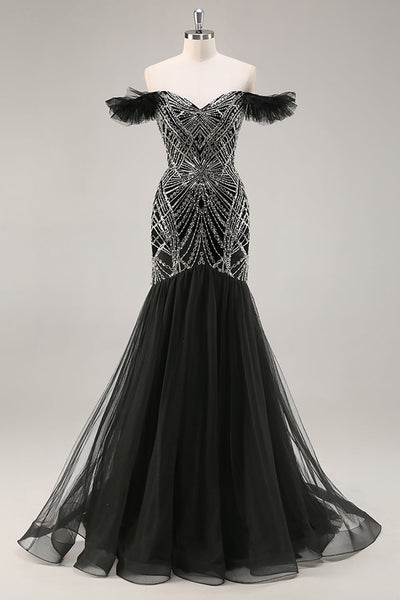 Sparkly Black Off the Shoulder Mermaid Long Beaded Prom Dress