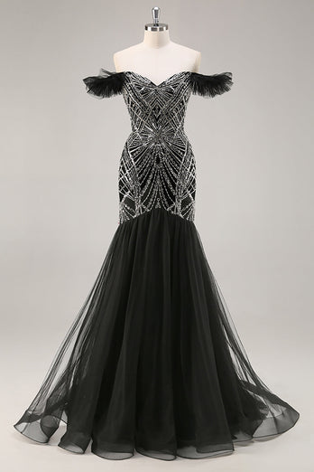Sparkly Black Off the Shoulder Mermaid Long Beaded Prom Dress