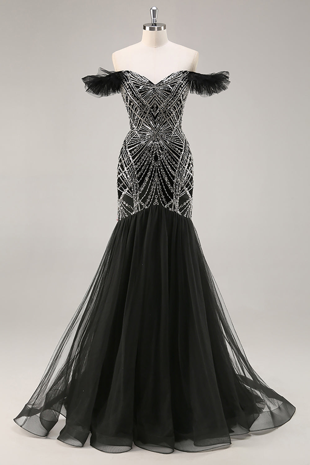 Sparkly Black Off the Shoulder Mermaid Long Beaded Prom Dress