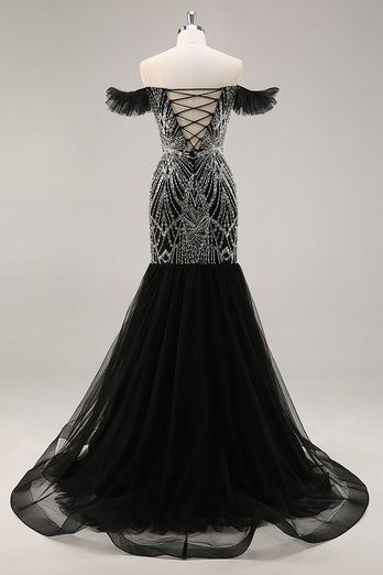 Sparkly Black Off the Shoulder Mermaid Long Beaded Prom Dress