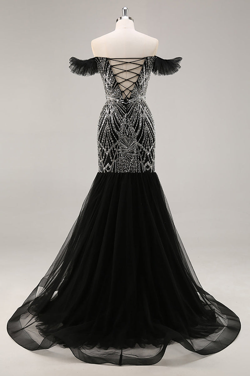Load image into Gallery viewer, Sparkly Black Off the Shoulder Mermaid Long Beaded Prom Dress