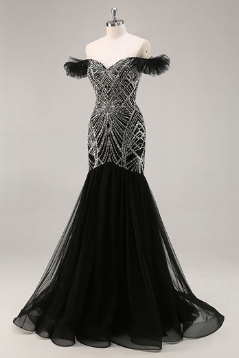 Sparkly Black Off the Shoulder Mermaid Long Beaded Prom Dress