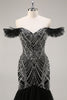 Load image into Gallery viewer, Sparkly Black Off the Shoulder Mermaid Long Beaded Prom Dress