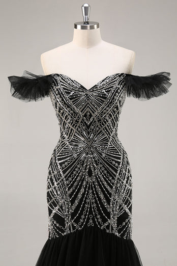 Sparkly Black Off the Shoulder Mermaid Long Beaded Prom Dress