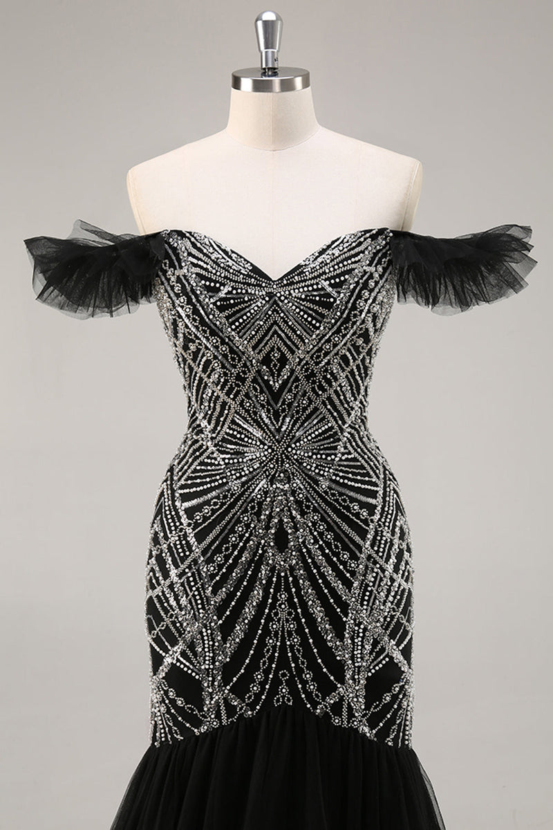 Load image into Gallery viewer, Sparkly Black Off the Shoulder Mermaid Long Beaded Prom Dress
