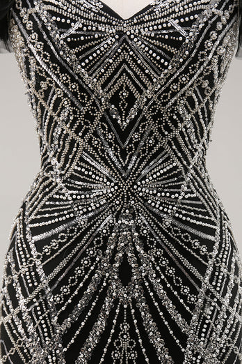Sparkly Black Off the Shoulder Mermaid Long Beaded Prom Dress