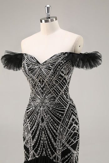 Sparkly Black Off the Shoulder Mermaid Long Beaded Prom Dress
