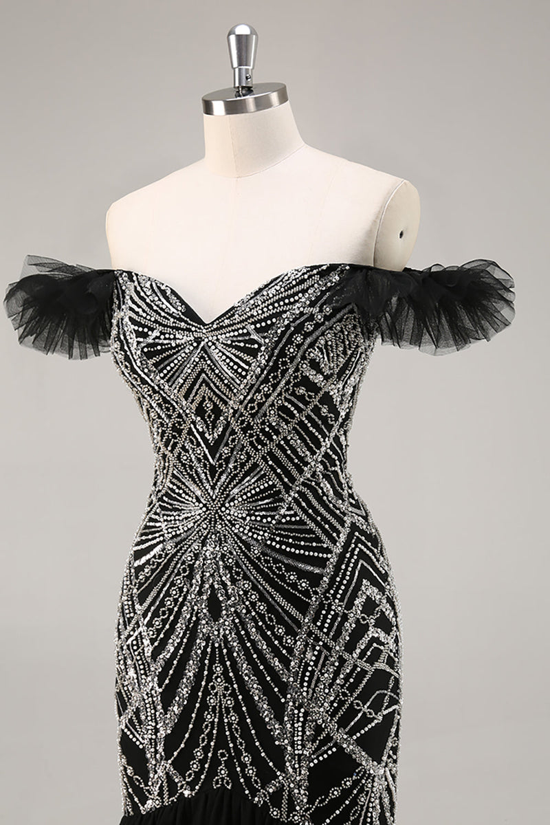 Load image into Gallery viewer, Sparkly Black Off the Shoulder Mermaid Long Beaded Prom Dress