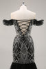 Load image into Gallery viewer, Sparkly Black Off the Shoulder Mermaid Long Beaded Prom Dress