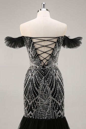 Sparkly Black Off the Shoulder Mermaid Long Beaded Prom Dress