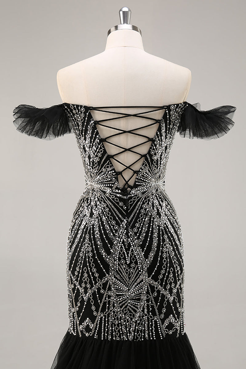 Load image into Gallery viewer, Sparkly Black Off the Shoulder Mermaid Long Beaded Prom Dress