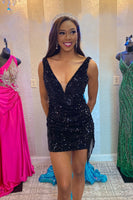 Load image into Gallery viewer, Sparkly Black Tight Sequins Short Homecoming Dress with Fringes